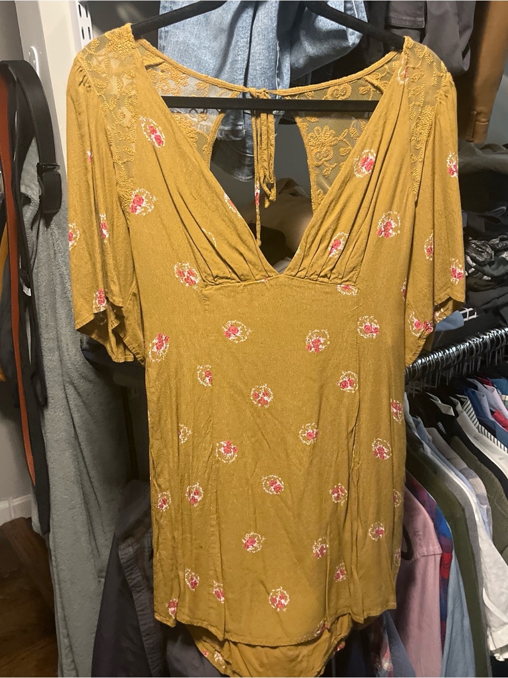 Mustard Floral V-Neck Lace Back Blouse